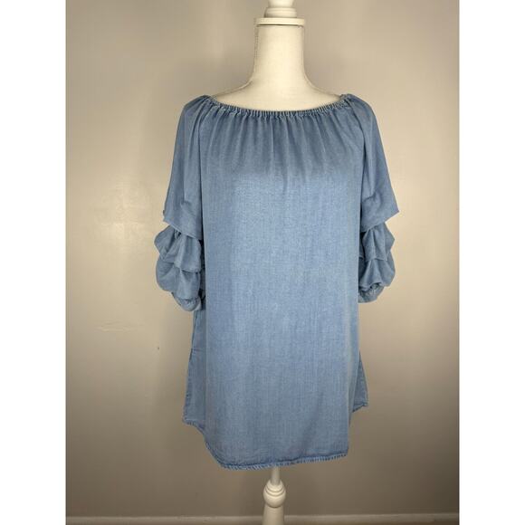 Zara Chambray Off Shoulder Ruffle Sleeve Mini Dress Size Small - Picture 2 of 8